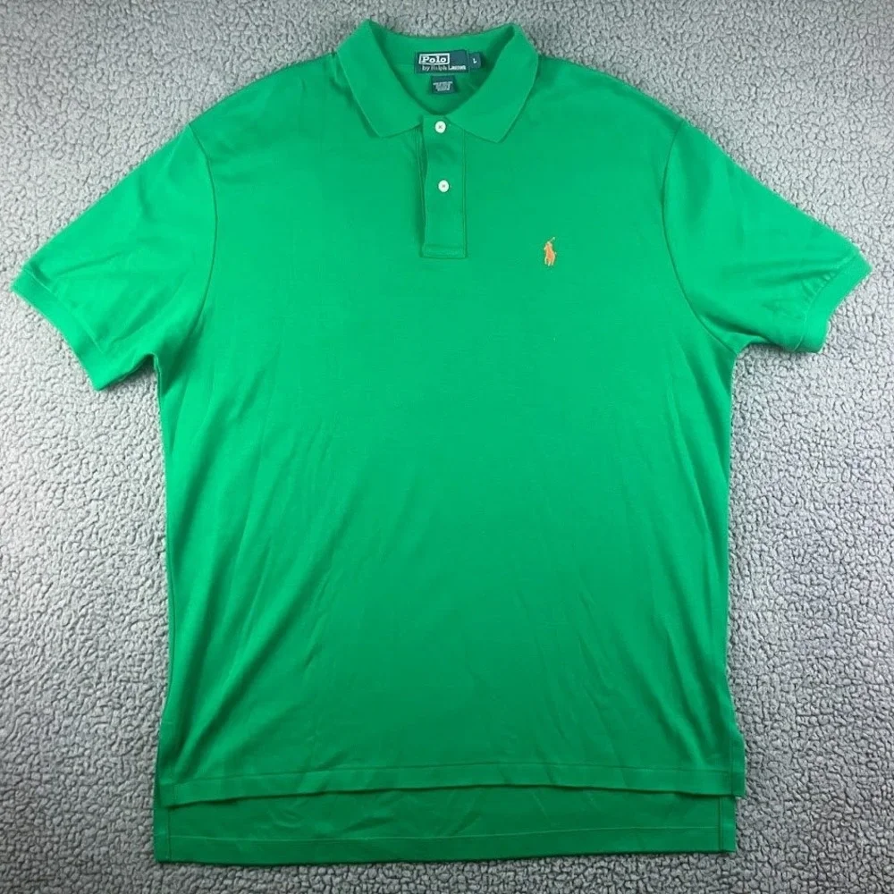 Polo Ralph Lauren Mens Large Green Short Sleeve Cotton Polo Shirt Orange Pony